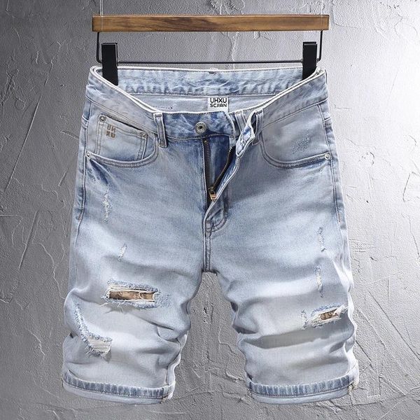 Herren Jeans Sommer Mode Designer Kurze Männer Retro Hellblau Stretch Slim Fit Ripped Patched Vintage Casual Denim Shorts