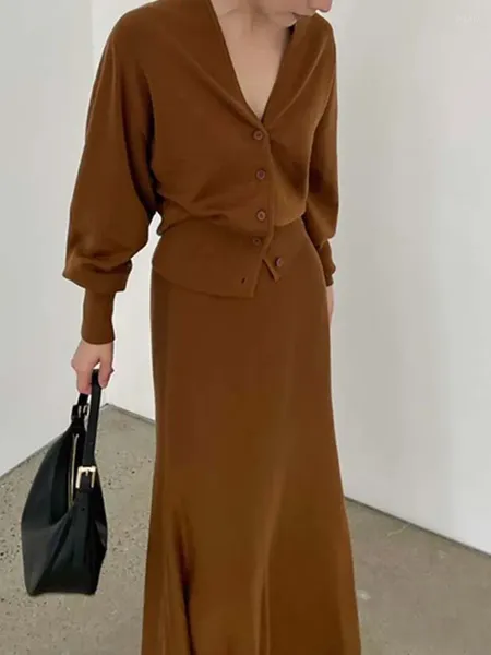 Vestidos de trabalho outono 2024 conjunto de mistura de lã feminina senhoras com decote em v manga longa cardigan topo ou cintura elástica fishtail saia terno