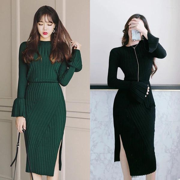 Arbeitskleider Korean Herbst Winter Grün Gestricktes Zweiteiliges Set Für Frauen O Hals Aufflackernhülse Pullover Tops Split Bodycon Midi Rock Anzüge