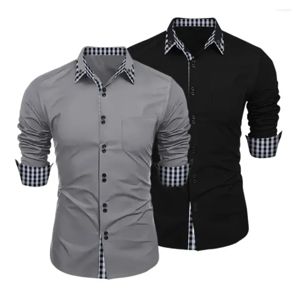 Erkekler Sıradan Gömlek Yakası Yaka Düğmesi Aşağı Gömlek Şık Colorblock Ekose Baskı Ceket İnce Fit ile Sokak Giyim için Uzun Kollu