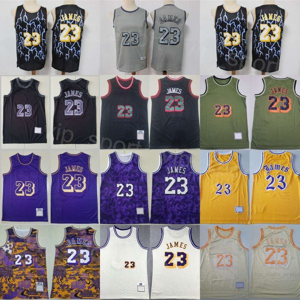 Retro Basquete LeBron James Vintage Jersey 23 Homem Equipe Amarelo Preto Branco Roxo Bege Reminiscência Tudo Costurado Para Fãs Esportivos Camisa Respirável de Boa Qualidade