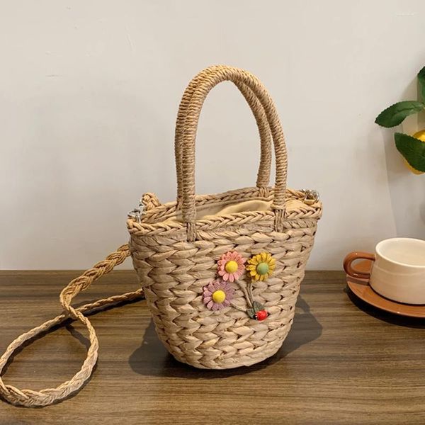 Borse a tracolla Borsa estiva Borsa intrecciata a mano intrecciata alla moda Fiore casual Semplice portatile Elegante forma di cestino per le vacanze del fine settimana