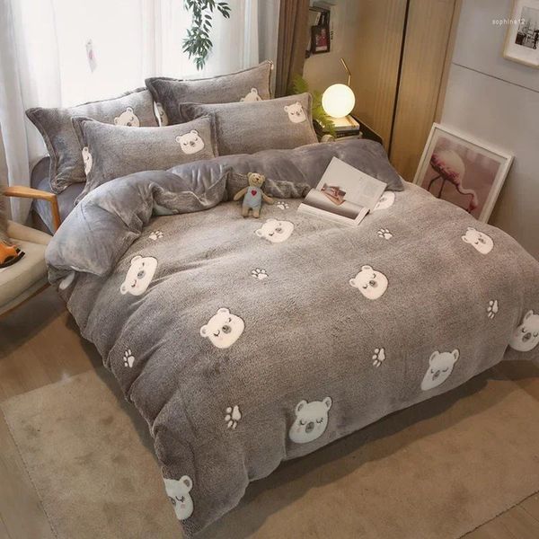 Set di biancheria da letto 150/180/200 CM Orso Grigio Velluto Caldo Lenzuolo Copripiumino Federa Set di Quattro Pezzi Per L'inverno M034-37