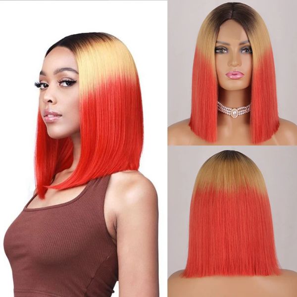 Parrucche Ombre Parrucca Bob Rossa per Donna Parrucca Corta Diritta Parte Centrale Parrucca Cosplay Festa Sintetica Resistente al Calore Capelli Finti Parrucca Lunghezza Spalla