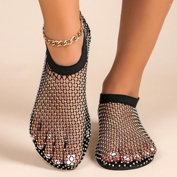 Sandálias femininas dedo do pé redondo fundo plano verão oco botas curtas água diamante sapatos sexy para mulher