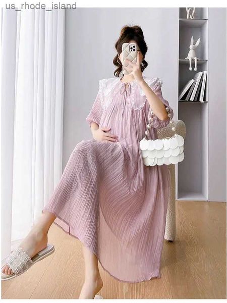 Sleep Lounge 2024 Loses Sommerkleid für schwangere Frauen, rosa Puffärmel, süße Spitze, Peter-Pan-Kragen, Chiffon-Urlaubskleid für schwangere Frauen, L2403