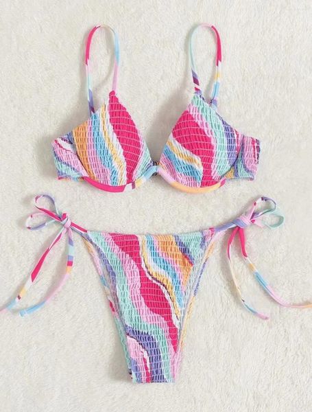 Damen-Bademode Echoine Buntes Print-Falten-Bikini-Set Zweiteiliger Schnür-Strand-Badeanzug Frauen-Sommerferien-Outfits 2024