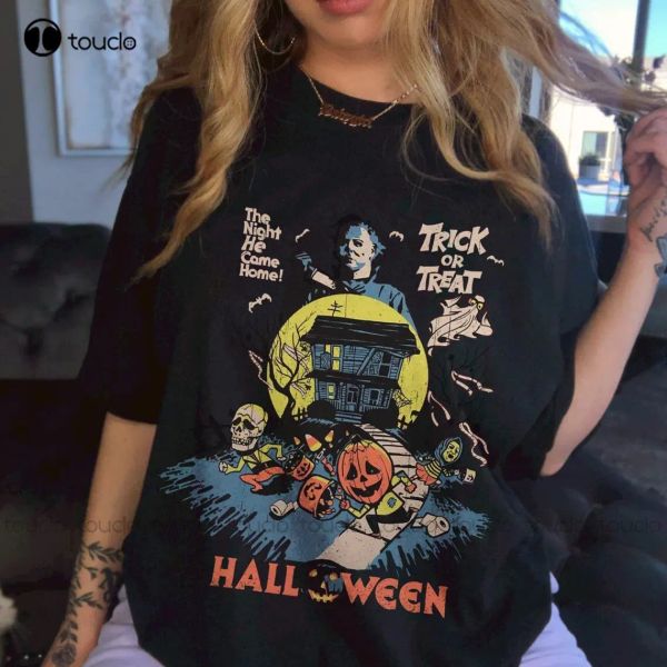 T-Shirts Michael Myers Horror-Halloween-Shirt „Süßes oder Saures: Die Nacht, in der er nach Hause kam“-T-Shirt Vintage-Halloween-Horrorfilm-Shirt Xs5Xl