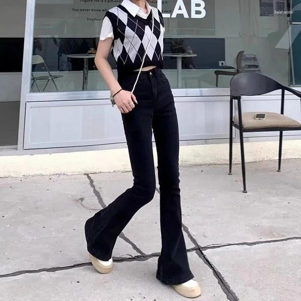 Jeans femininos com fendas calças flare para mulheres cintura alta s calças largas bolsos sino inferior preto harajuku moda um baggy