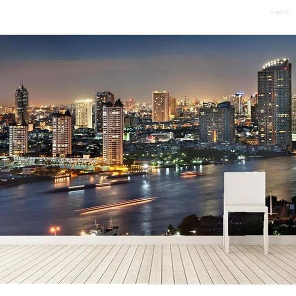 Sfondi Carta da parati personalizzata Po Bangkok City Urban Night Scene Murale per soggiorno Camera da letto TV Parete in PVC