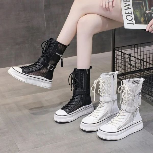 Stiefel Sommer High Top Damenschuhe Knie High Stiefel Seite Zipper Flats vulkanisierte Schuhe Schnürung bequeme Plattform -Sneakers weiblich