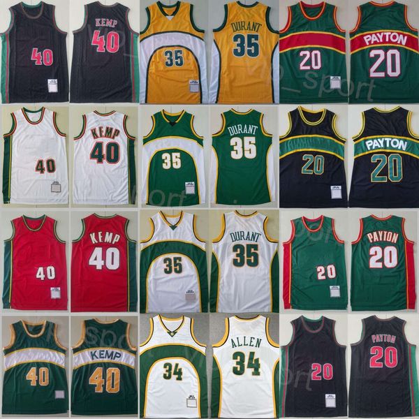 Retro Basketbol Kevin Durant Jersey 35 Adam Vintage Shawn Kemp 40 Gary Payton 20 Spor hayranları için geri çekilme nakış ve dikiş siyah beyaz sarı kırmızı gömlek