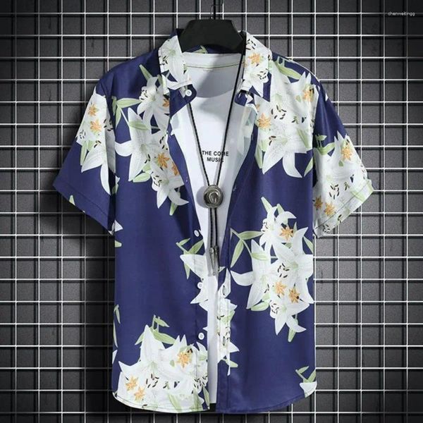 Fatos masculinos Folhas Tropicais Imprimir Roupa Havaiana Camisa Shorts Conjunto Com Cordão Elástico Cintura Verão