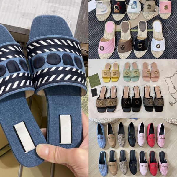 Mulheres Sandálias Jeans interligadas G Chinelos letra Script Bordado Flat Mules Matelasse Acolchoado Lona Loafer Ráfia Tecido Alpercatas Praia Piscina Home Slider