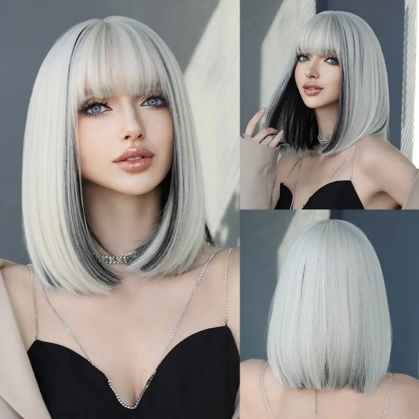 Parrucche NAMM Parrucca Bob per capelli corti e lisci per donna Parrucca Lolita Cosplay quotidiana Evidenzia parrucche Bob argentate Capelli sintetici resistenti al calore