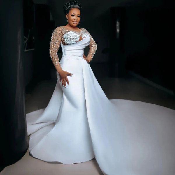 Luxo cristal frisado sereia vestidos de casamento 2024 jóia pescoço manga longa vestido de casamento de cetim branco trem destacável árabe plus size vestido de noiva