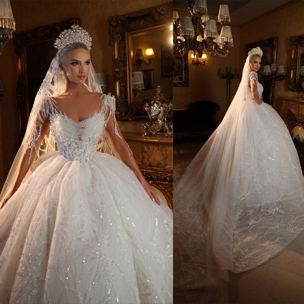 Abito da ballo romantico abiti da sposa con paillettes o-collo di papille di tulle 3d appliques sweep sweep sweep alti su misura su misura per sposa su misura per le dimensioni overidos de noni