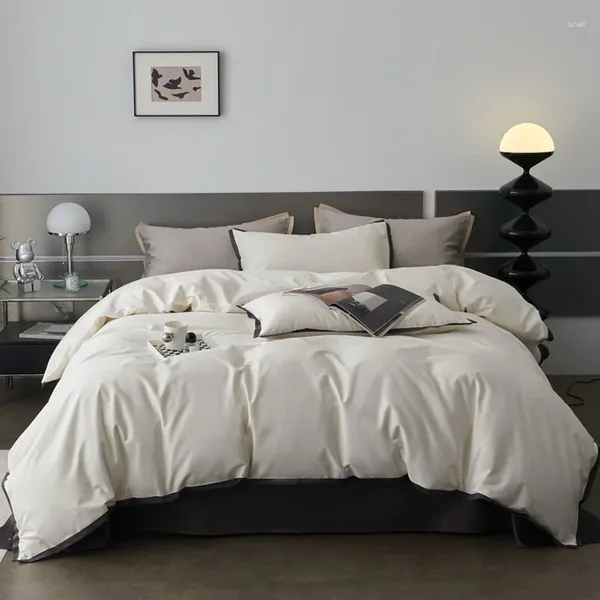 Yatak Setleri 2024 Uzun Başlıklı Pamuk Dört Parçalı Yatak Keten Est Düz Renk Basit İskandinav Stili Moda Pembe Beyaz Gri