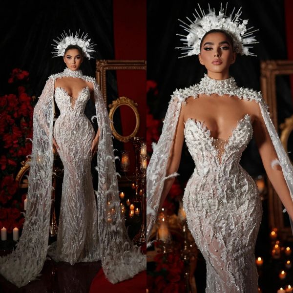 Изысканные свадебные платья с перьями, жемчугом, свадебные платья русалки, прозрачные аппликации без рукавов, иллюзия, выполненная на заказ Vestidos De Novia