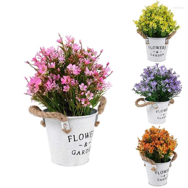 Flores decorativas artificiais bonsai flor falsa com vaso balde de ferro para festa de casamento vintage centro de mesa varejo