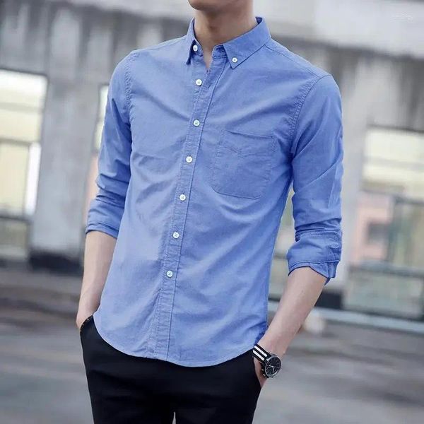 Camisas de vestido masculinas Homem Tops Roupas Simples Formal e Blusas para Homens com Bolso Branco Manga Longa Ásia Moda 2024 Botão Casual Slim Fit
