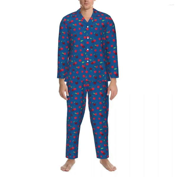 Pijamas masculinos cerejas impressão pijama masculino vermelho e azul na moda quarto outono 2 peça vintage design de grandes dimensões conjuntos de pijama