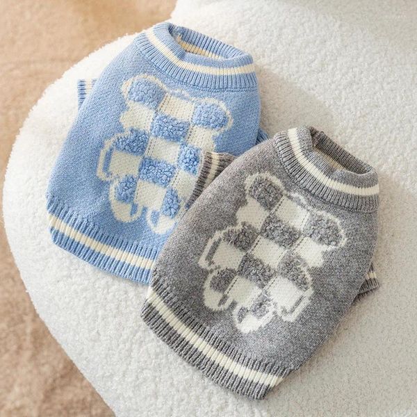 Одежда для собак, синий клетчатый свитер с плюшевым мишкой, зимняя теплая одежда для щенков, модный пуловер для домашних животных, двуногий XS-XL