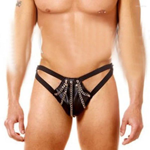 Cuecas 2024 moda sexy masculino faux couro tanga cintura baixa anéis calcinha masculina personalidade legal corrente