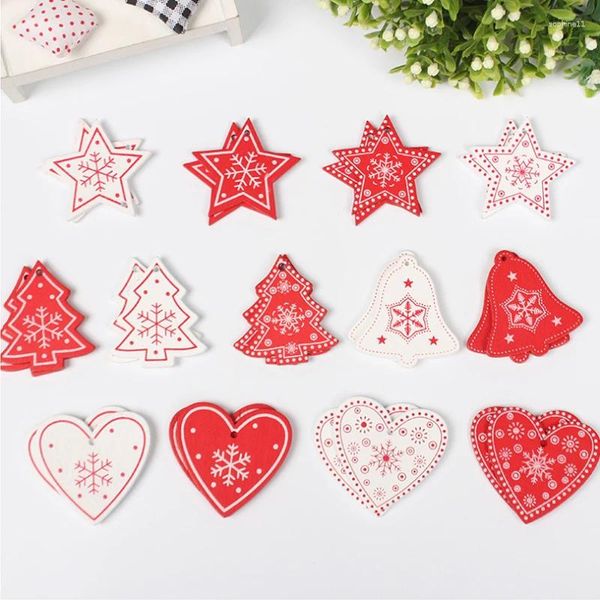 Decorazione per feste 10 pezzi fai da te albero/cuore/stella/campana/neve pendenti pendenti in legno ciondoli in legno di colore bianco rosso per gli ornamenti dell'albero di Natale di Natale