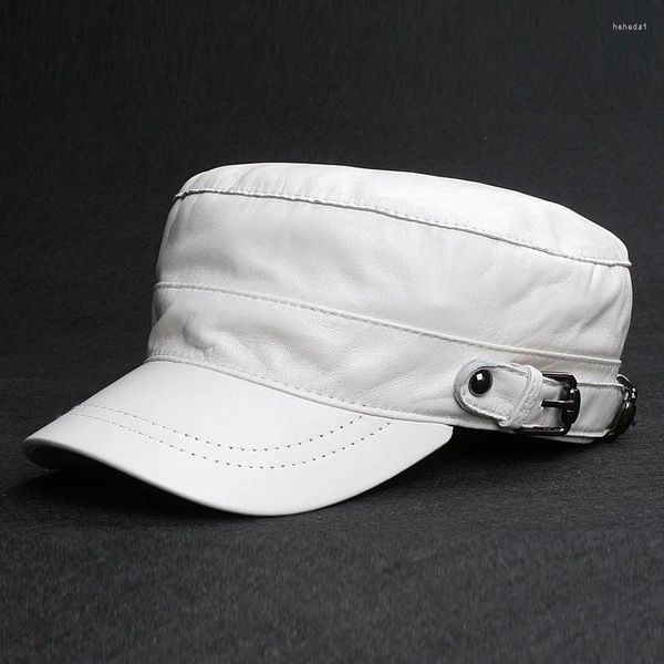 Bonés de bola Flat Top Chapéus Militares Homens Coreanos Couro Genuíno Equipado Branco Masculino Jovem Fino Casual Casquette Homer