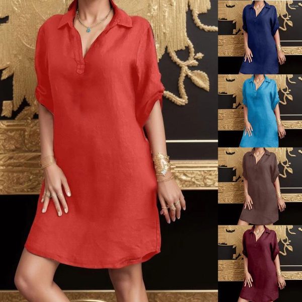 Casual Kleider Baumwolle Leinen Kleid Frauen Lose Streetwear Strand Urlaub Übergroße Bluse Drehen Unten Kragen Hemd Plus Größe Vestidos