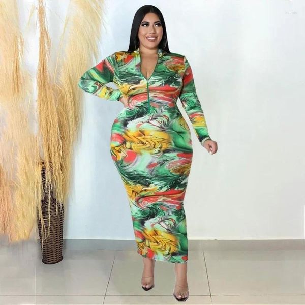 Plus size vestidos kexu multicolorido impressão feminina o-pescoço manga longa maxi vestido para moda vintage bodycon roupas de festa