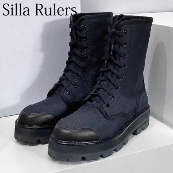 Boots Runway 2022 Nylon Tela Spring Martin Stivali allacciati su caviglie stivali da donna tacchi grossi stivali da donna mortycyle stivali