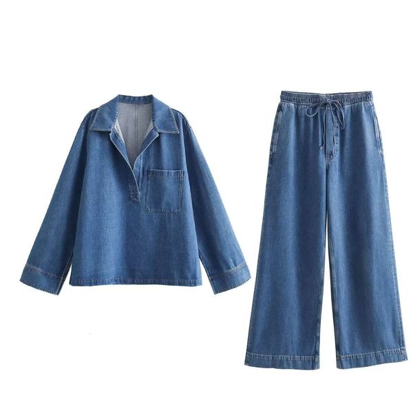 ZA Женский оптовый весенний новый комплект стираной синей джинсовой рубашки + эластичные широкие брюки с высокой талией 1209427