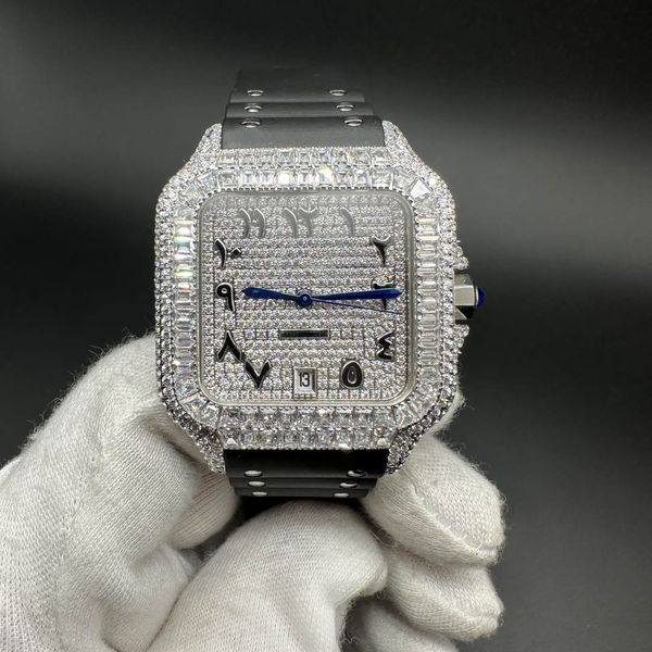 Gute Qualität Herrenuhr Iced Diamond Automatik Diamanten Silbergehäuse 38,5 mm Baguette-Lünette Arabisches Zifferblatt Schwarzes Kautschukarmband.