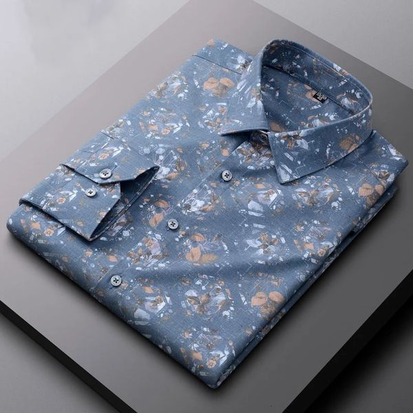 Em camisa camisas de manga comprida para homens casual impressão magro ajuste camisa lisa elástica tende retro topos elegantes roupas de grife 240318