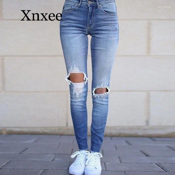 Женские джинсы, светло-голубые джинсовые брюки, тонкие узкие брюки-карандаш с длинными отверстиями и высокой талией, однотонные женские уличные облегающие брюки, осень-зима