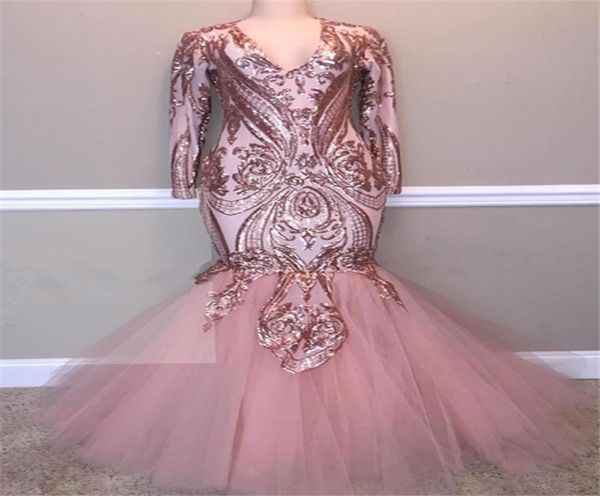 2019 Blush Pink Paillettes Sirena Abiti da ballo Sexy Shinny Manica lunga Abito da cerimonia formale Plus Size Abito da spettacolo tromba Personalizzato Mad9119311