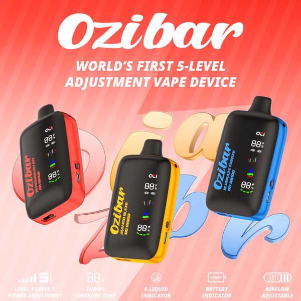 Ozi Bar Edelstange Puls 18000 Puff 18K E-Zigarette Vollbild Dual Mesh Spule 5-Levels Einstellung Einweg-Vape-Geräte-Pod-Luftstrom-Steuerung Turbo-Modus 5% in den Vorräten