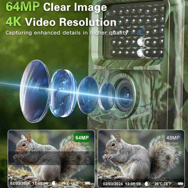 Hunting Trail Cameras 4K 64MP telecamera per visione notturna senza bagliore Telecamera da caccia impermeabile IP67 con schermo da 2 pollici per il monitoraggio della fauna selvatica all'aperto Q240321