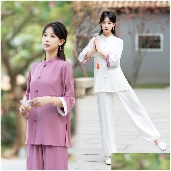 Ethnische Kleidung 2024 Chinesische Tai Chi Kampfkunst Tops Hosen Set Taiji Wushu Wing Chun Uniform Morgenübung Outdoor Walking Drop D Ot9I4