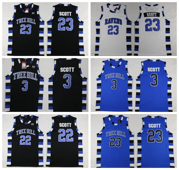 Maglia da basket NCAA One Hill Ravens Brother Movie 3 Lucas Scott 23 Nathan Scott Nero Bianco Blu