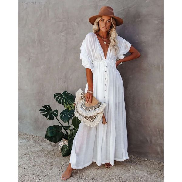 Copricostumi sexy Abito lungo a tunica bianco Abito estivo casual da spiaggia Abito da donna taglie forti Abito copricostume Abbigliamento donna 166