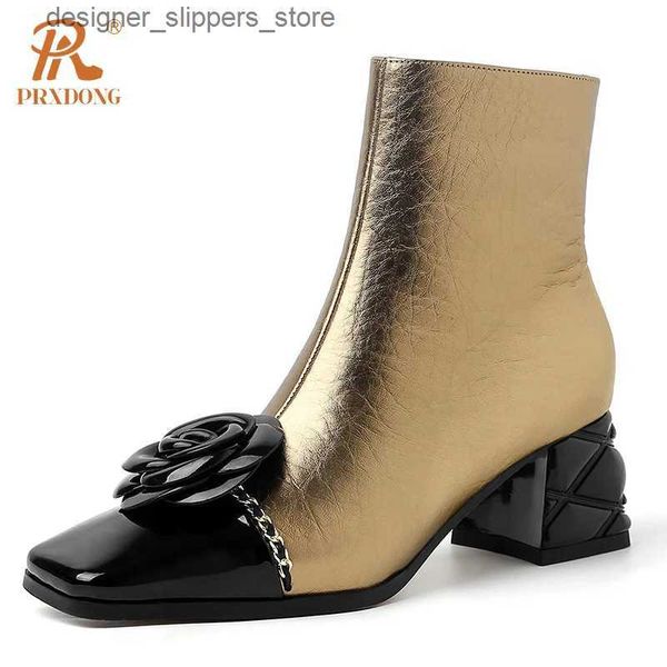 Stiefel PRXDONG Damen Stiefel 2024 Neue Qulaity Leder Mid High Heels Quadratische Zehen Schwarz Gold Kleid Party Arbeit Damen Stiefeletten 39 Q240321