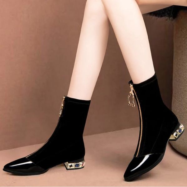 Stivali Fashion puntato per le dita della caviglia della caviglia da donna Corea Front Zipper Party Scarpe Eleganti Teli alti Botas Plataforma Mujer