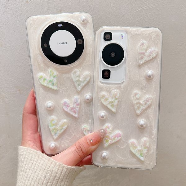 Custodie S24 3D Love Heart per Iphone 15 Pro Max 14 Plus 13 12 Samsung S23 FE Ultra Huawei P60 P50 Mate 60 50 Perline Foil Fashion Hard PC Plastica Acrilica TPU Cover per cellulare