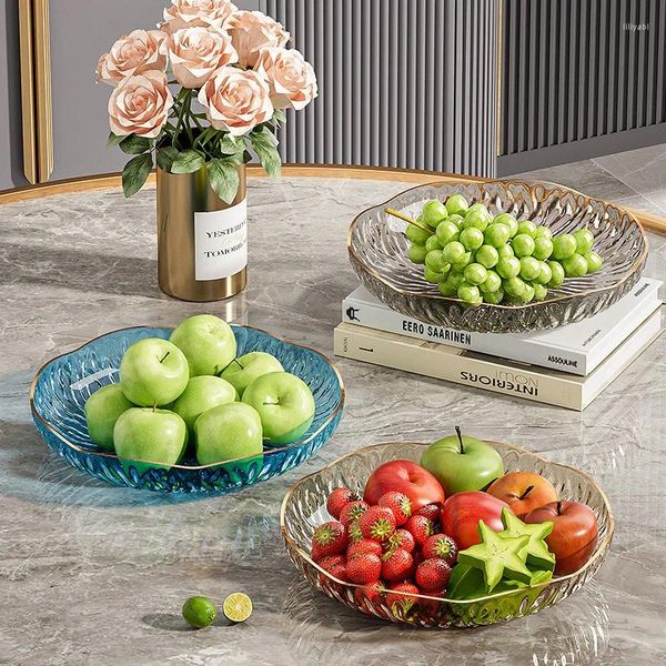 Pratos de luxo transparentes com borda dourada, prato de frutas e flores, pratos de plástico reutilizáveis, bandeja de grande capacidade, talheres de cozinha