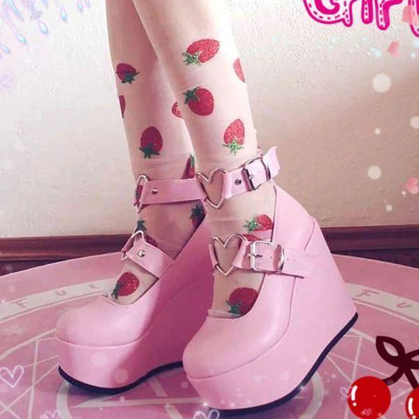 Pompeme come Nuovo Sweet Lolita Style Lolita Cosplay gotico Nero Pink Wezges Mary Jane Heels Pompe piattaforma Scarpe per la piattaforma Donna Black Rosa nero