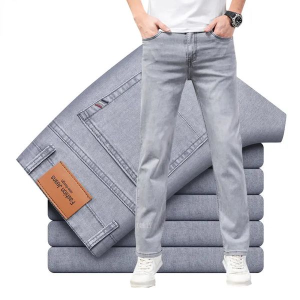 Marke: Dünnes oder dickes Material, gerader Baumwoll-Stretch-Denim, Herren-Business-Casual-Jeans mit hoher Taille, hellgrau, blau, 240318