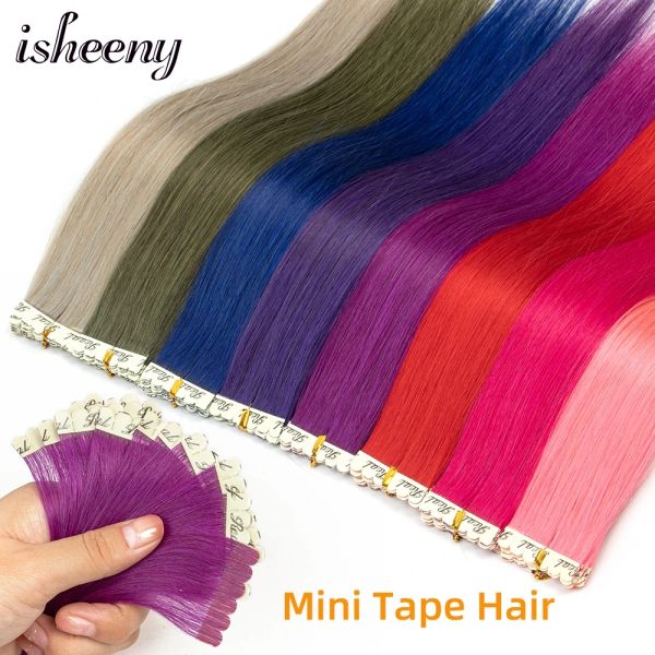 Estensioni Isheeny Mini Tape Estensioni per capelli 10 pezzi Capelli Remy realizzati a macchina Senza soluzione di continuità su colla Capelli umani veri Colore fantasia